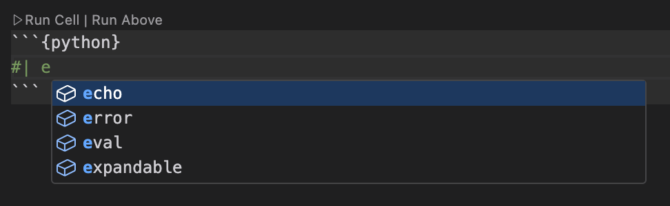 Positron Editor with a code cell option comment. The user has typed `#| ` followed by `e` and the code completion menu is open, showing available options including `echo`, `error`, `eval` and `expandable`.